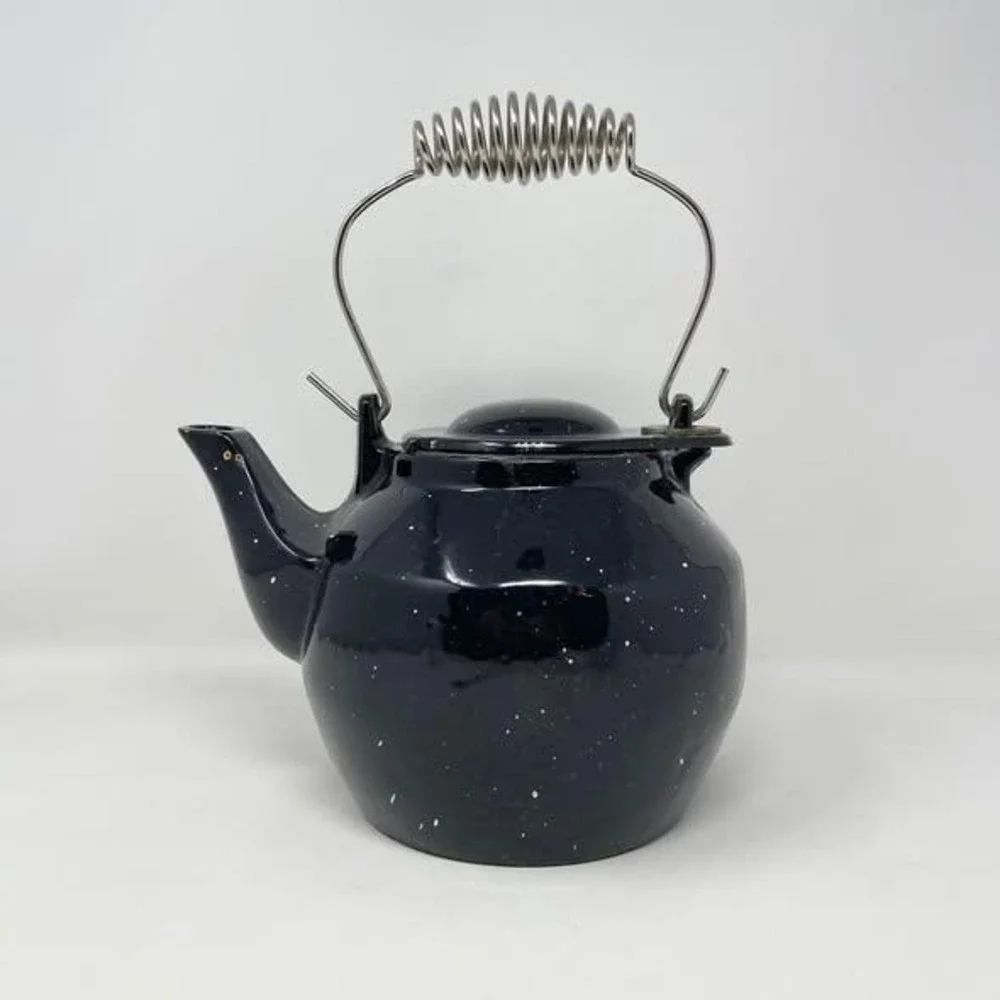 VTG Enameled Cast Iron Steamer Kettle Black‎ White Speckled 2.5 QT Farmhouse